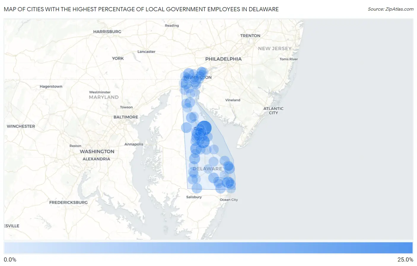 Cities with the Highest Percentage of Local Government Employees in Delaware Map