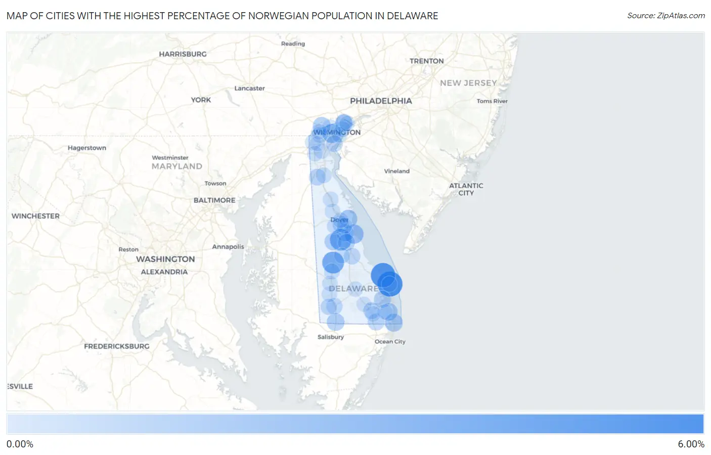 Cities with the Highest Percentage of Norwegian Population in Delaware Map