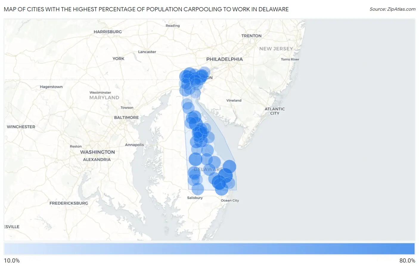 Cities with the Highest Percentage of Population Carpooling to Work in Delaware Map