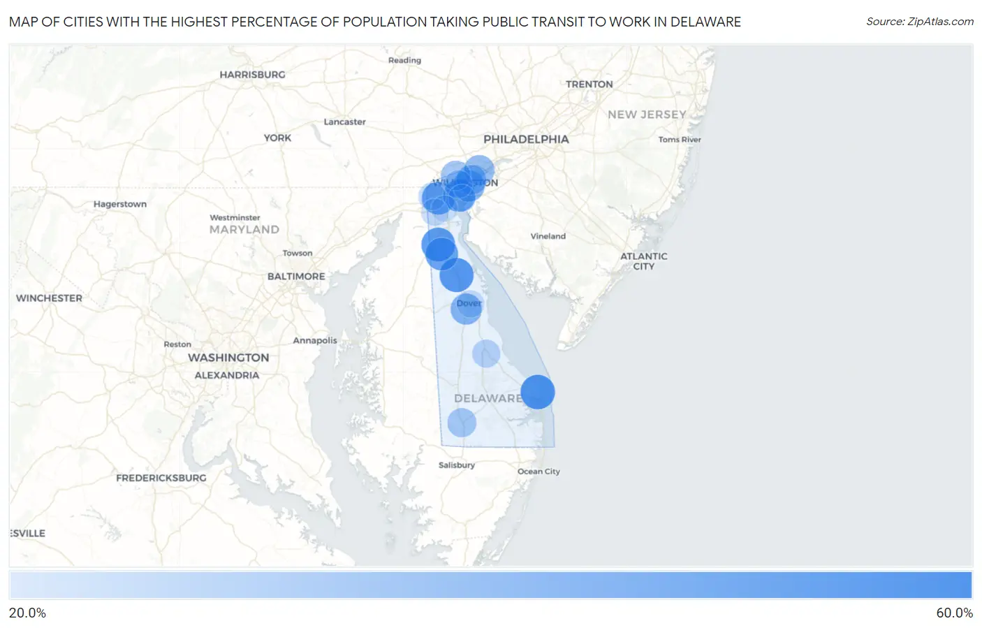 Cities with the Highest Percentage of Population Taking Public Transit to Work in Delaware Map