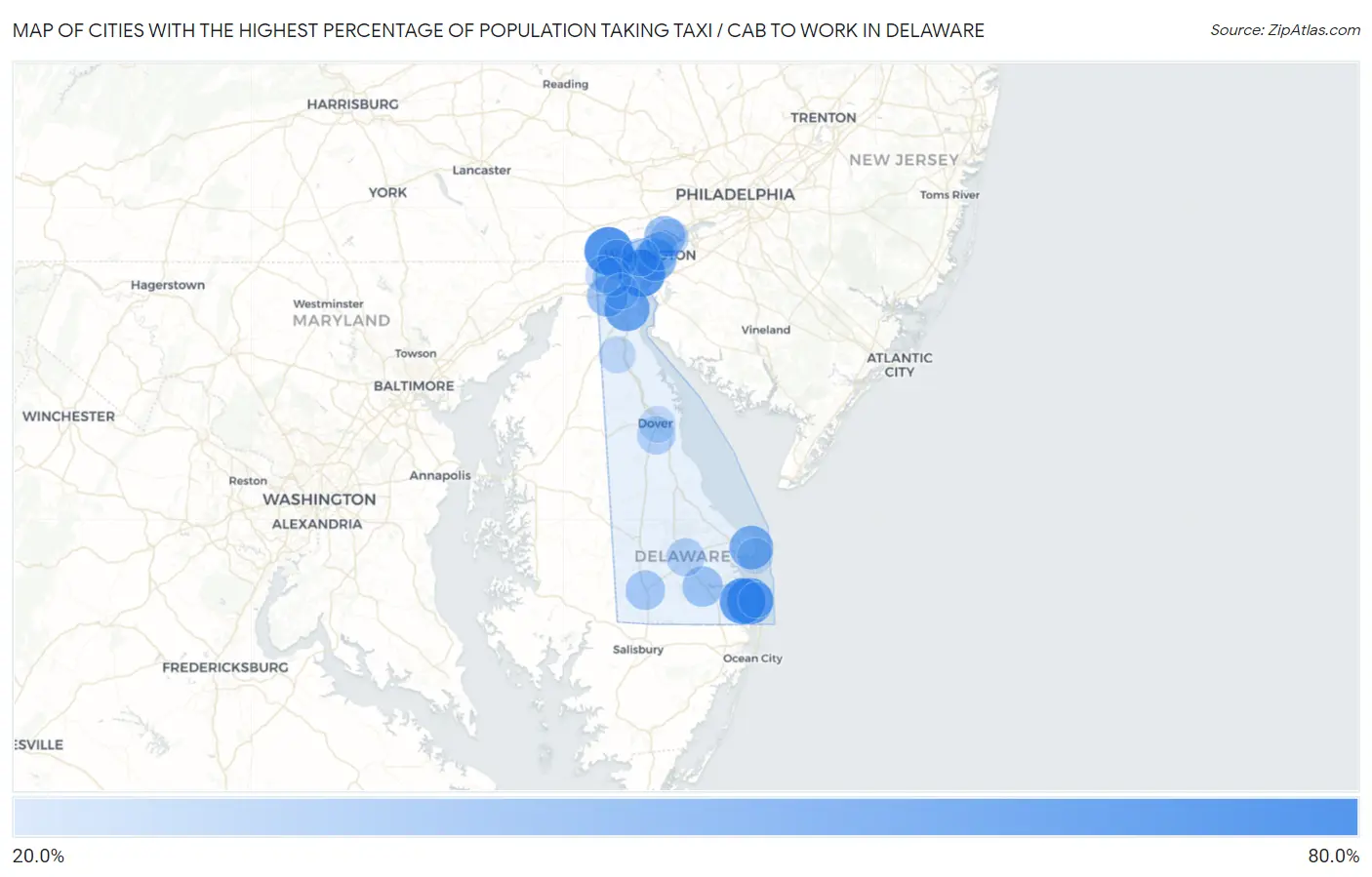 Cities with the Highest Percentage of Population Taking Taxi / Cab to Work in Delaware Map