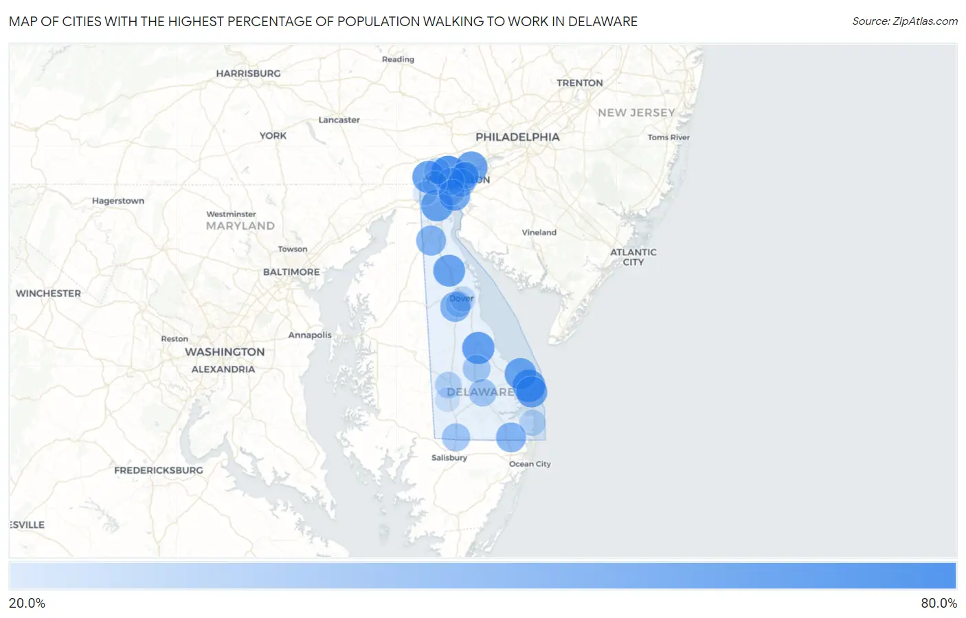 Cities with the Highest Percentage of Population Walking to Work in Delaware Map