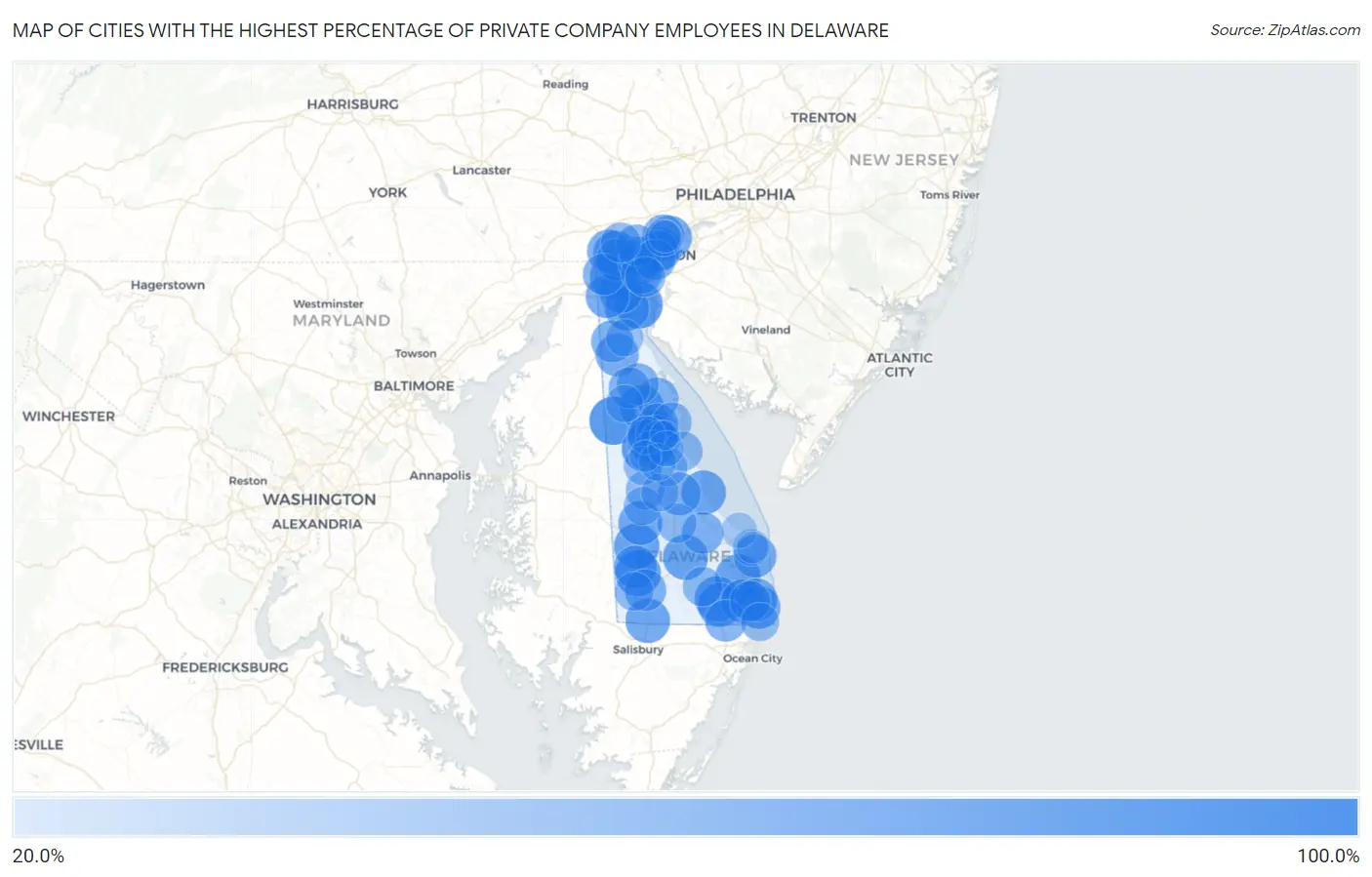 Cities with the Highest Percentage of Private Company Employees in Delaware Map