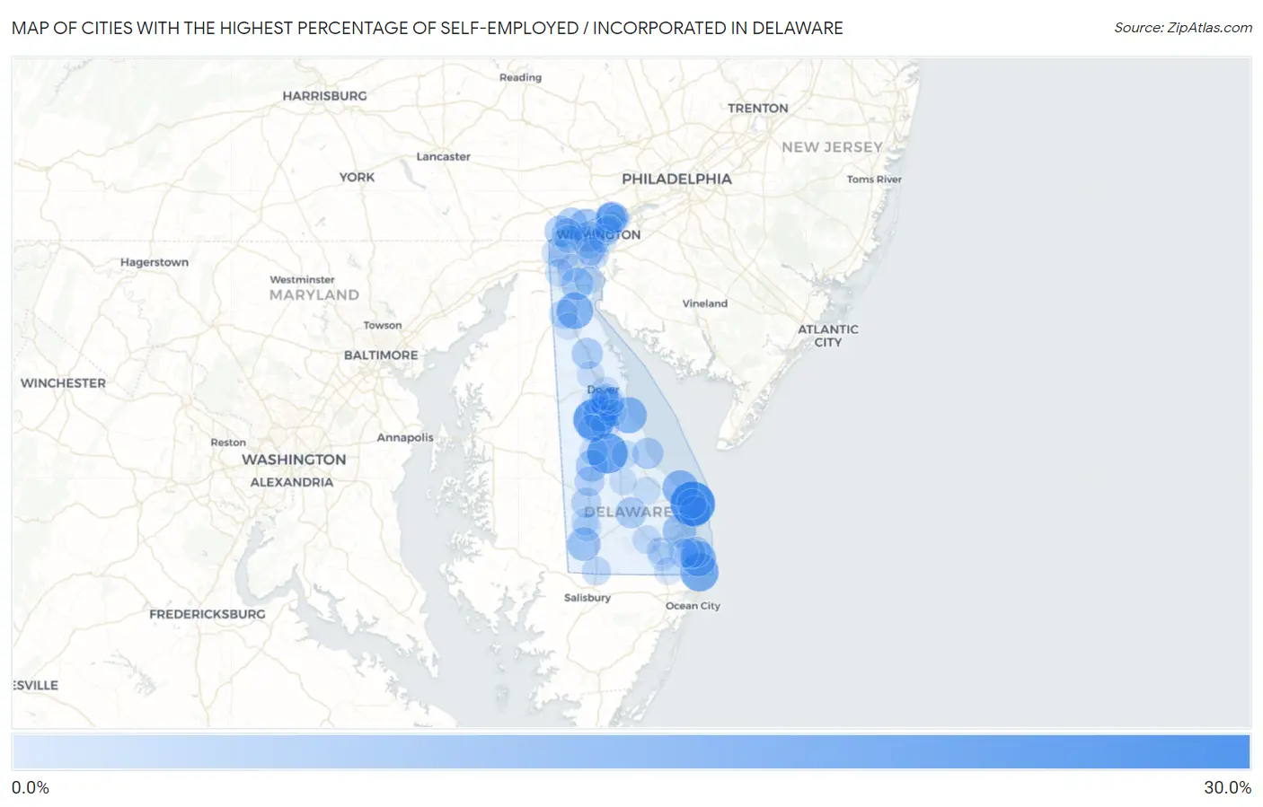 Cities with the Highest Percentage of Self-Employed / Incorporated in Delaware Map