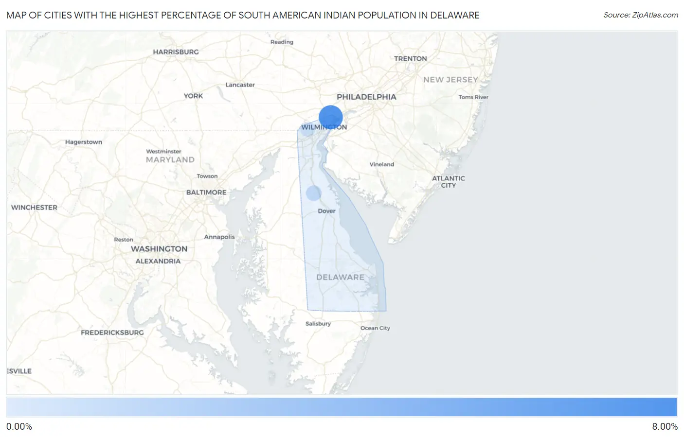 Cities with the Highest Percentage of South American Indian Population in Delaware Map