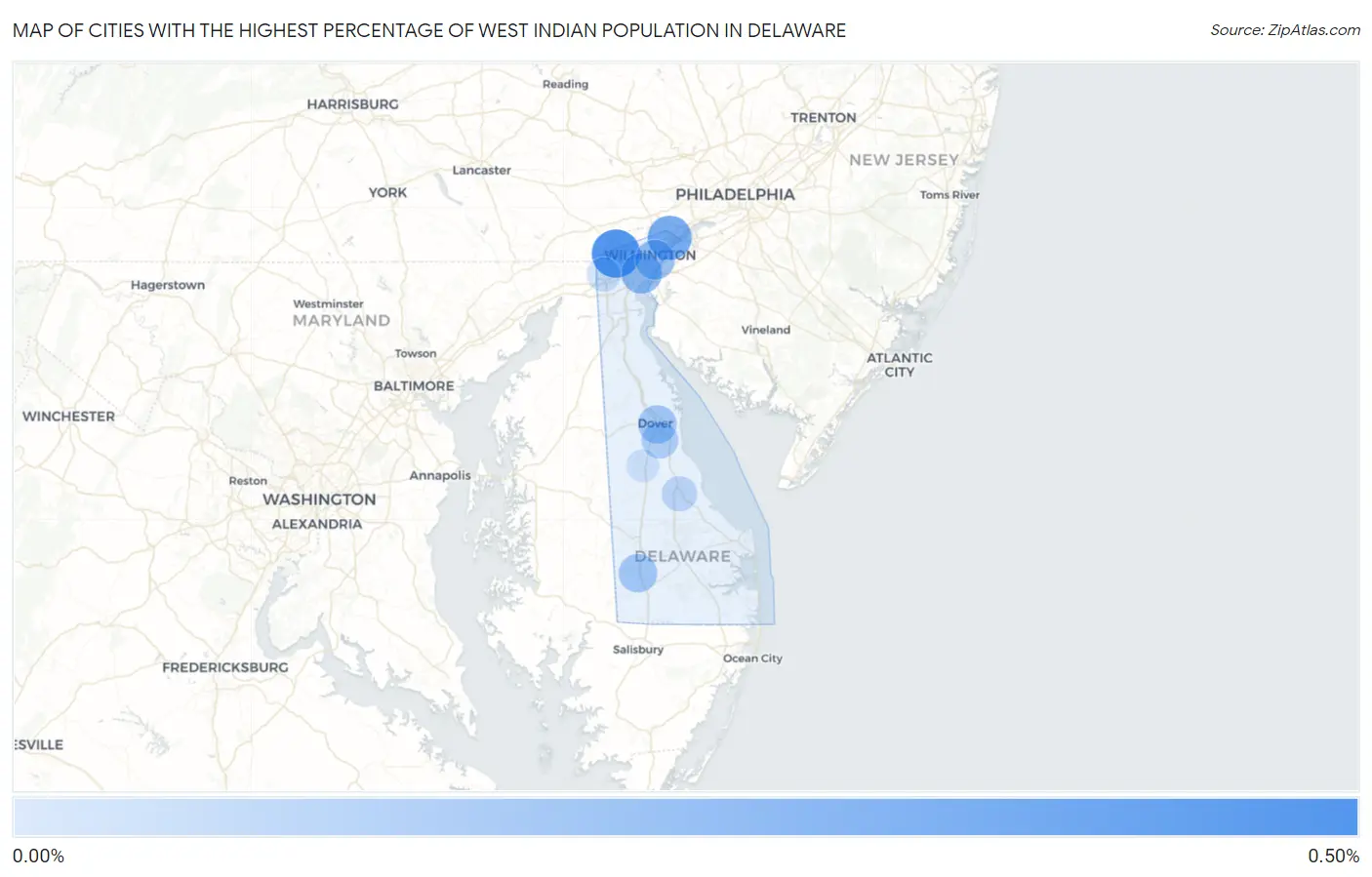 Cities with the Highest Percentage of West Indian Population in Delaware Map