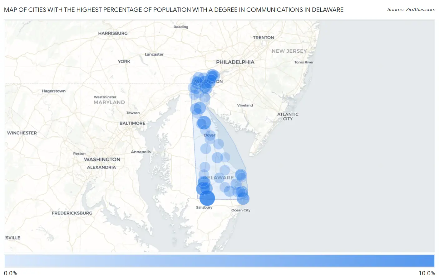 Cities with the Highest Percentage of Population with a Degree in Communications in Delaware Map