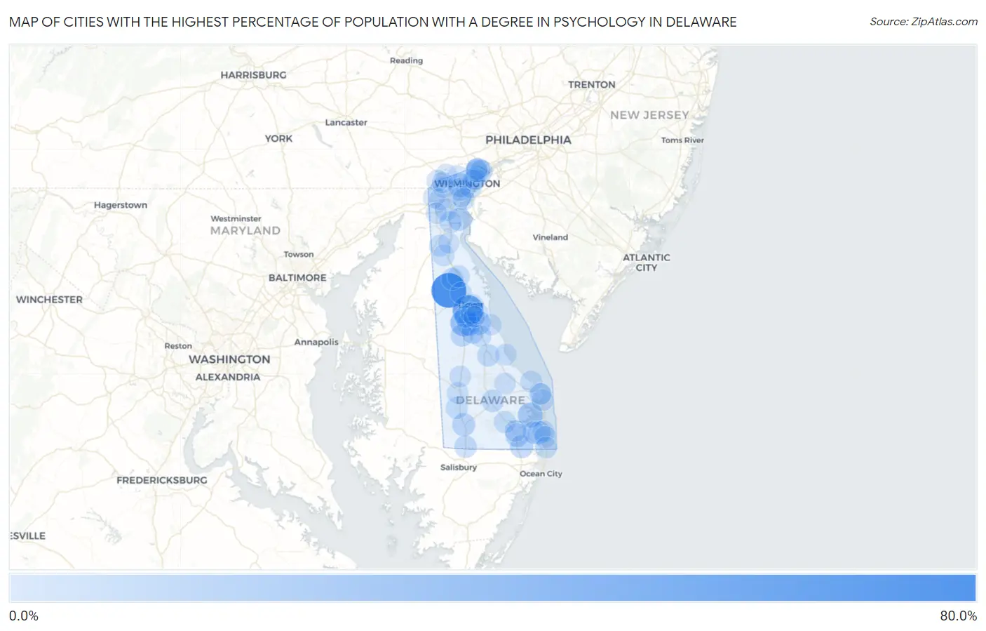 Cities with the Highest Percentage of Population with a Degree in Psychology in Delaware Map