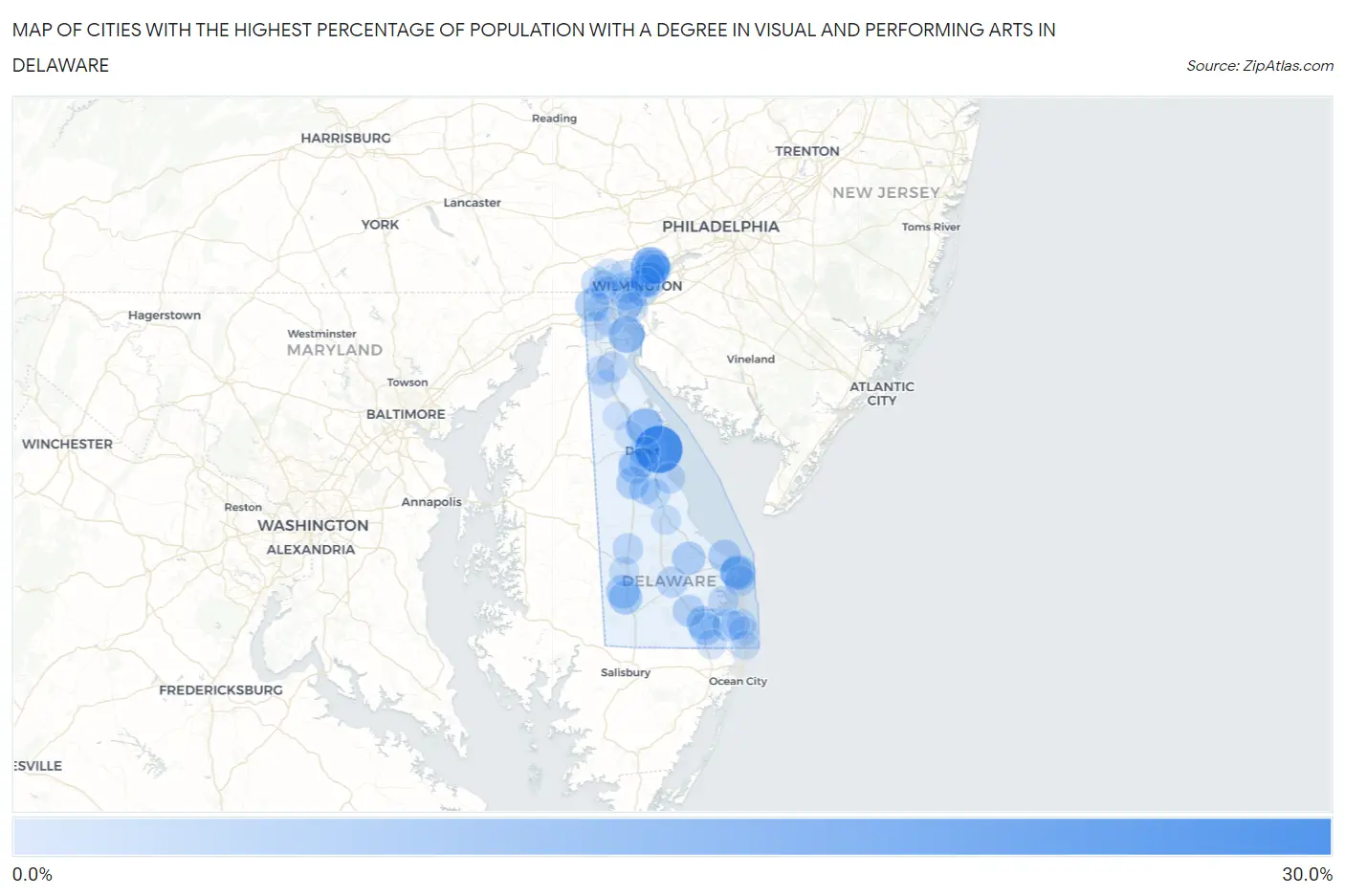 Cities with the Highest Percentage of Population with a Degree in Visual and Performing Arts in Delaware Map