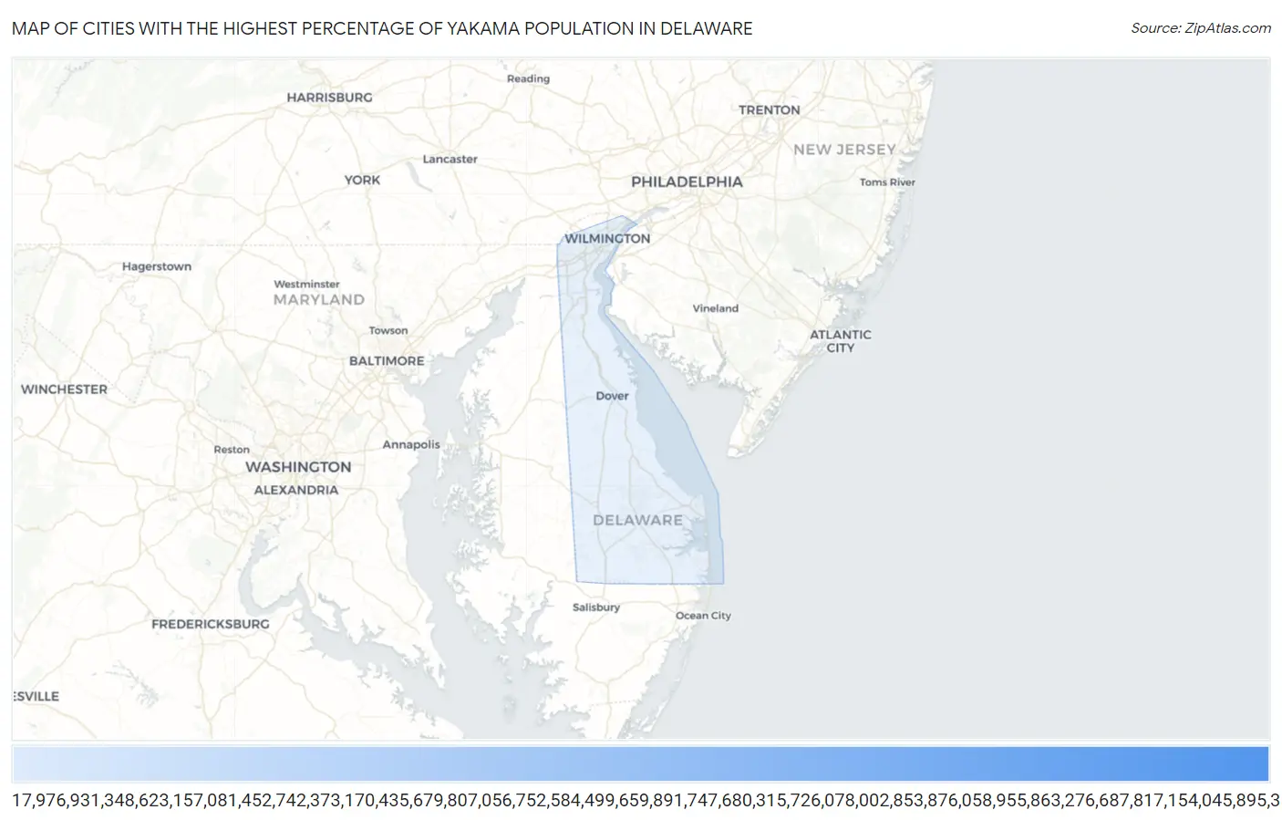 Cities with the Highest Percentage of Yakama Population in Delaware Map