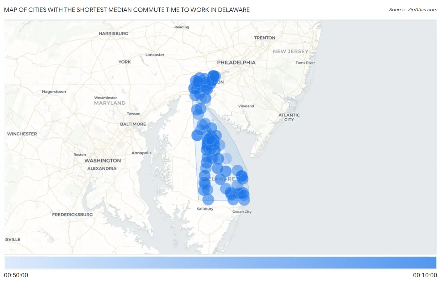 Cities with the Shortest Median Commute Time to Work in Delaware Map
