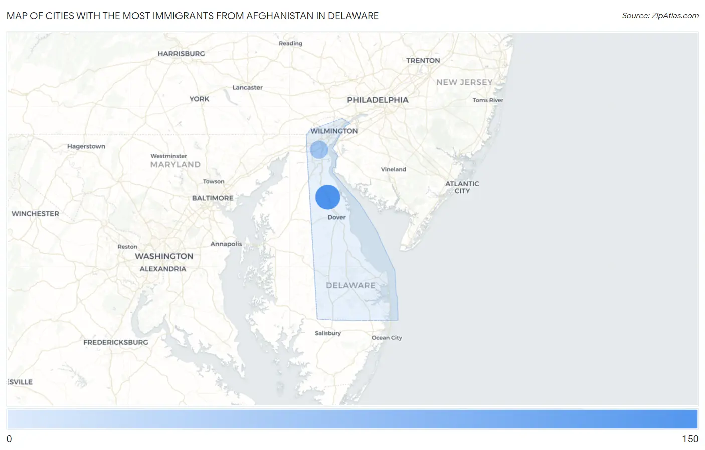 Cities with the Most Immigrants from Afghanistan in Delaware Map