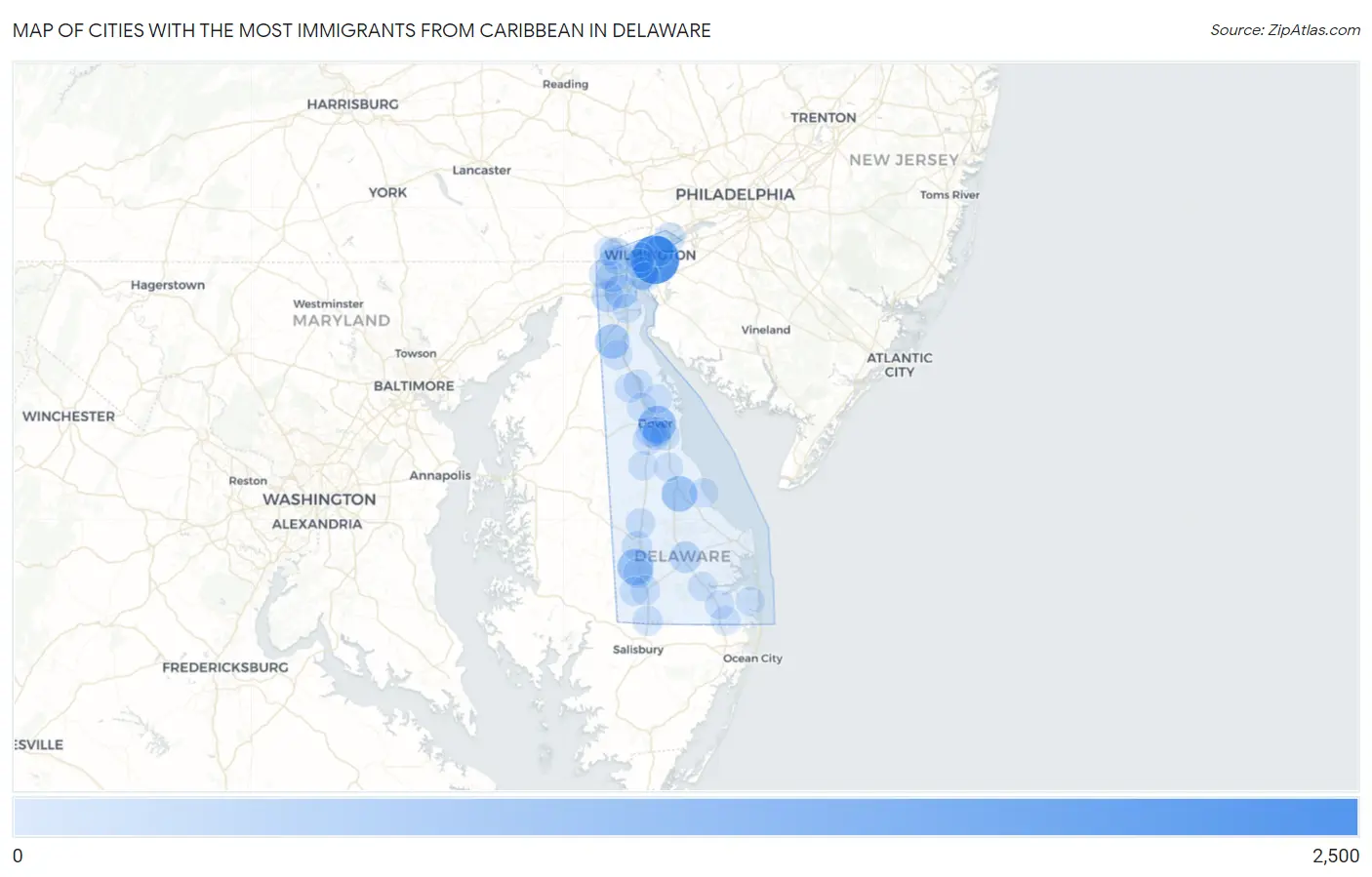 Cities with the Most Immigrants from Caribbean in Delaware Map