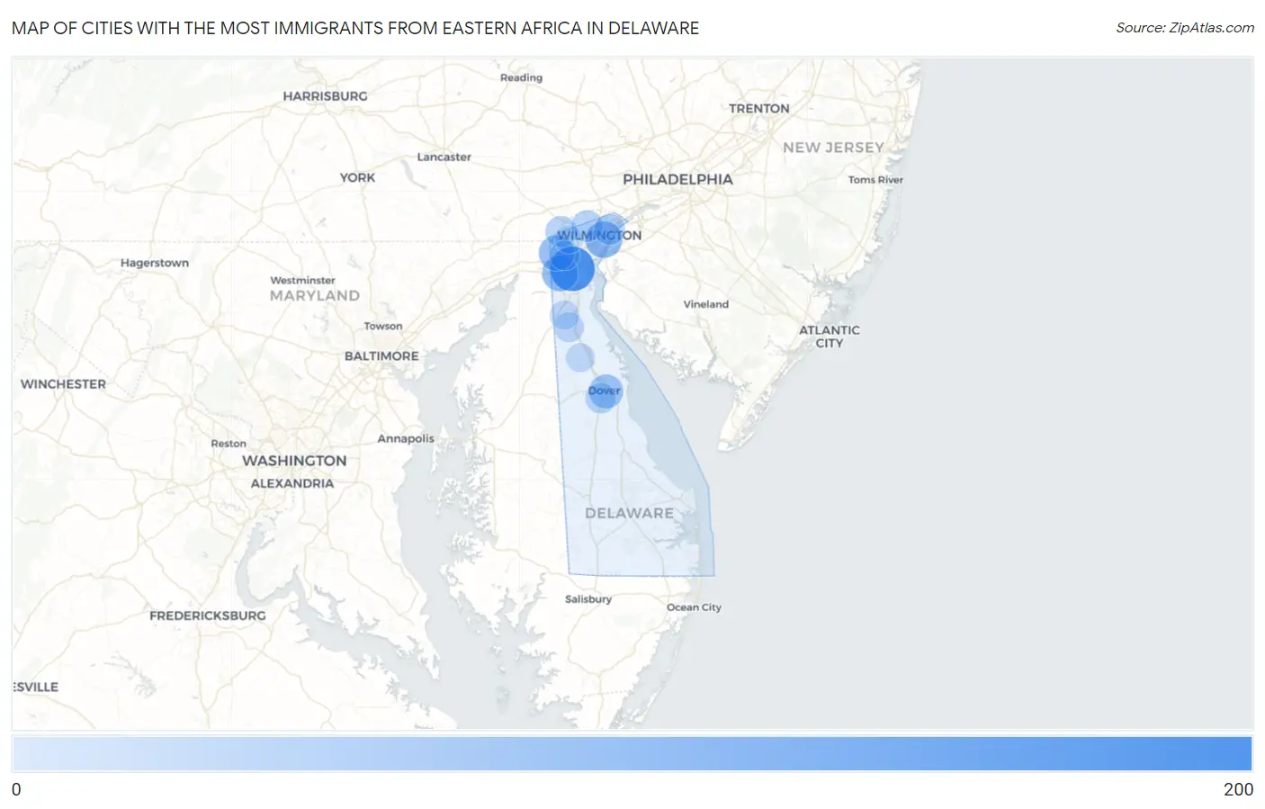 Cities with the Most Immigrants from Eastern Africa in Delaware Map