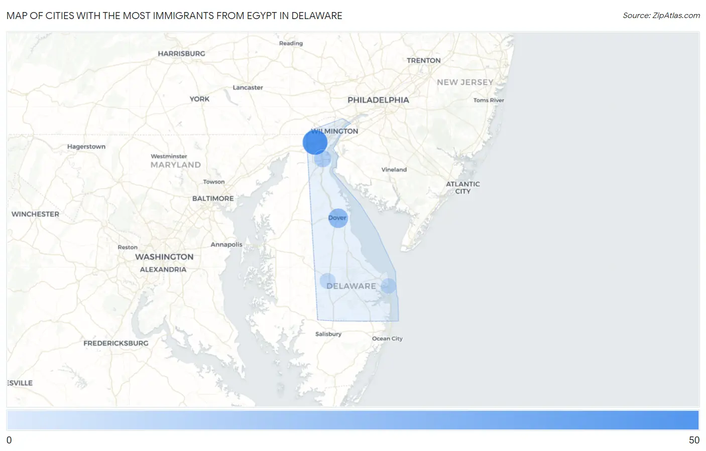 Cities with the Most Immigrants from Egypt in Delaware Map