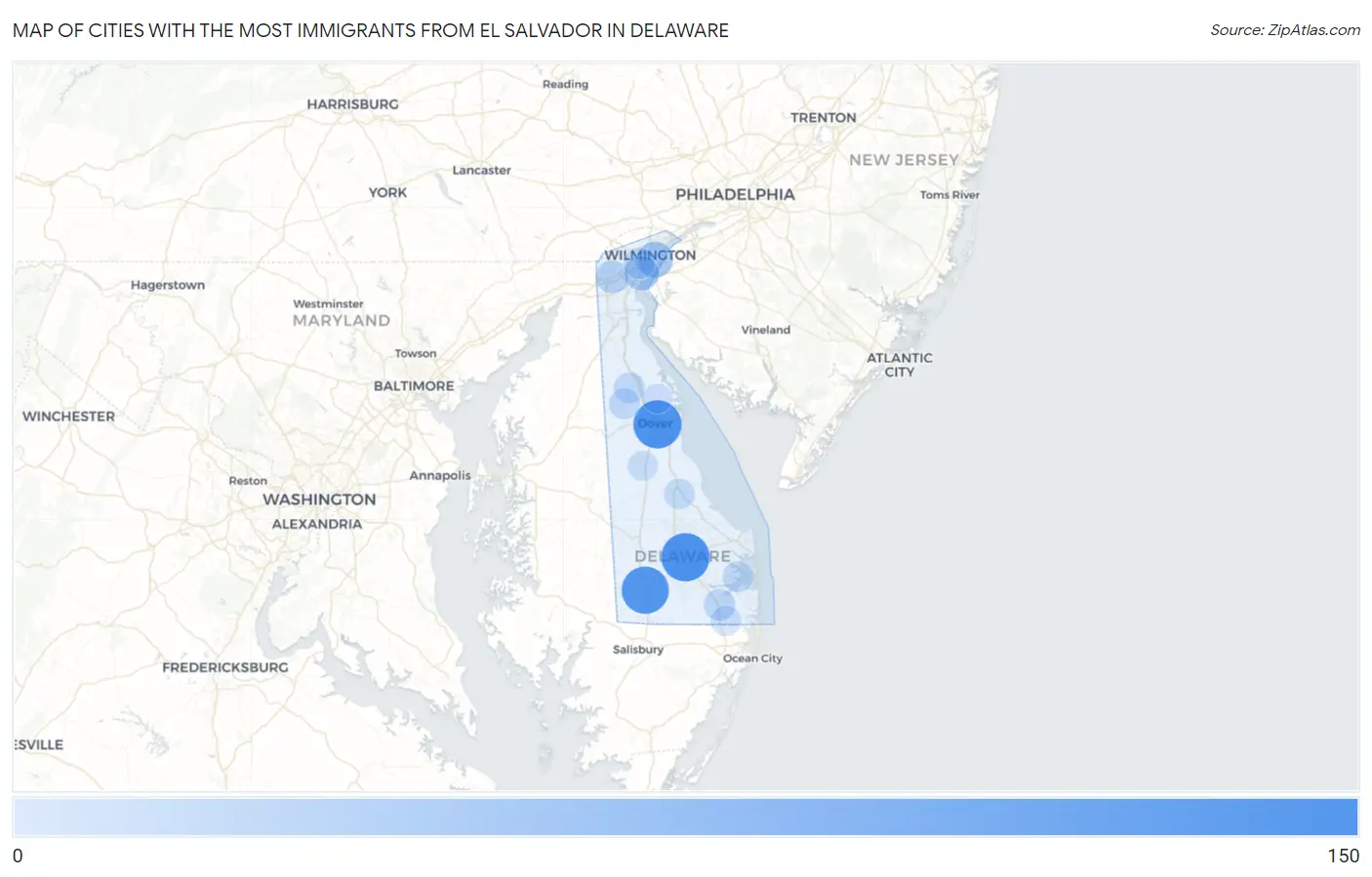 Cities with the Most Immigrants from El Salvador in Delaware Map