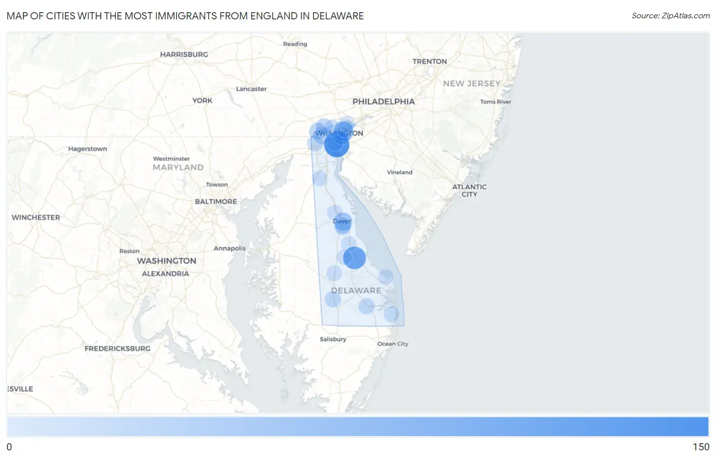 Cities with the Most Immigrants from England in Delaware Map