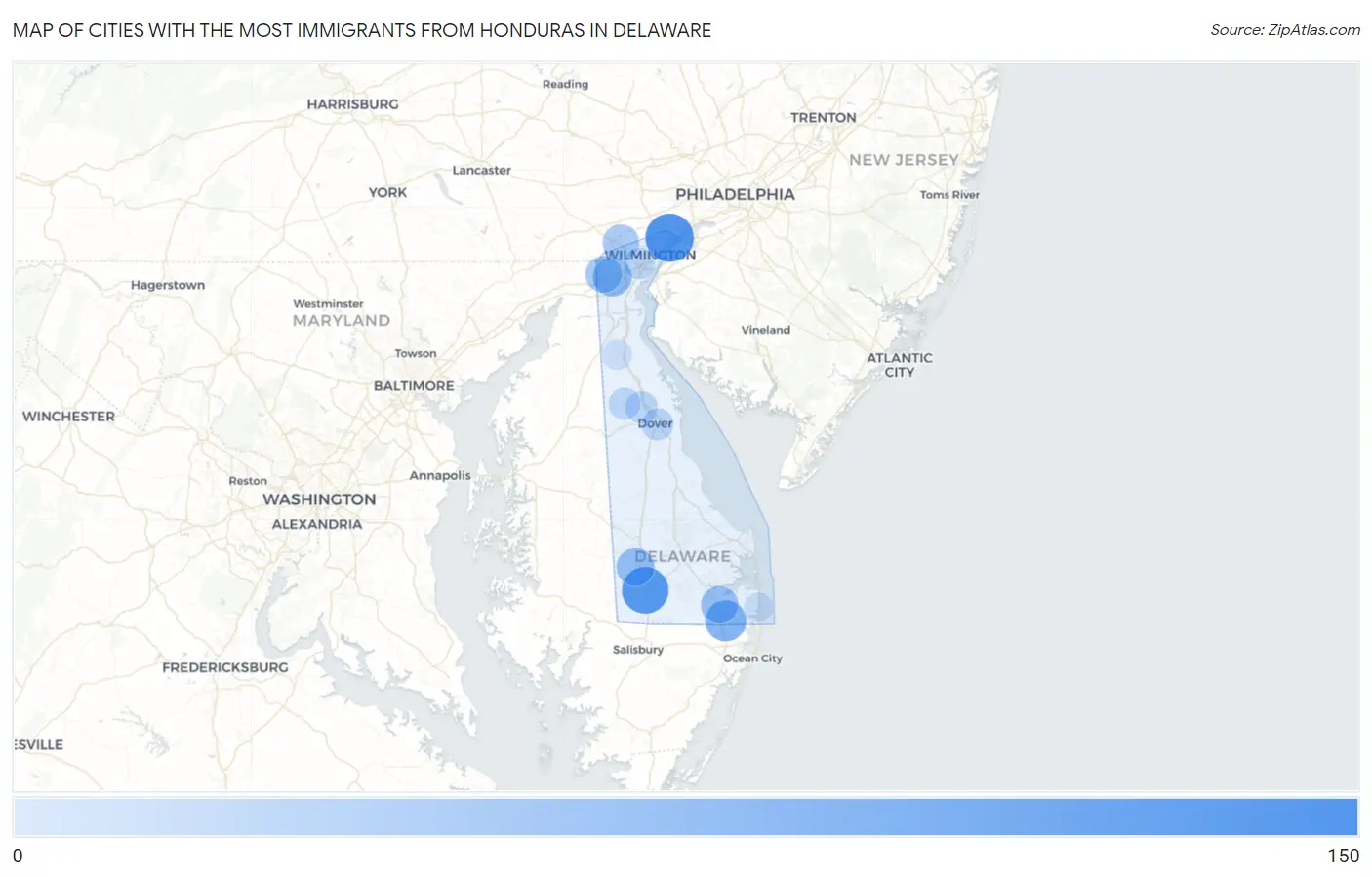 Cities with the Most Immigrants from Honduras in Delaware Map