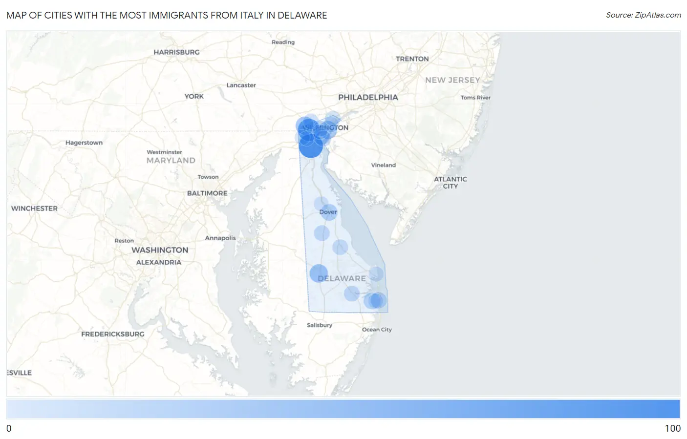 Cities with the Most Immigrants from Italy in Delaware Map