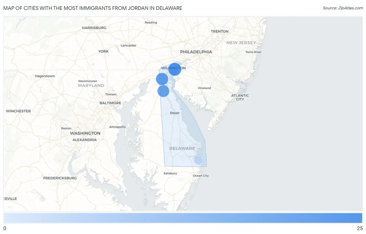 Cities with the Most Immigrants from Jordan in Delaware Map