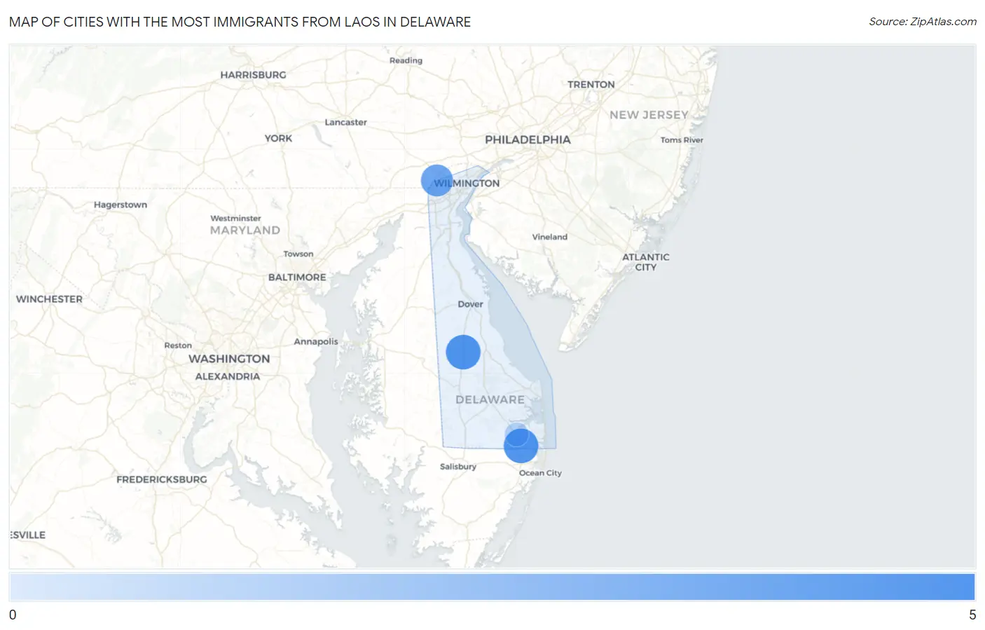 Cities with the Most Immigrants from Laos in Delaware Map
