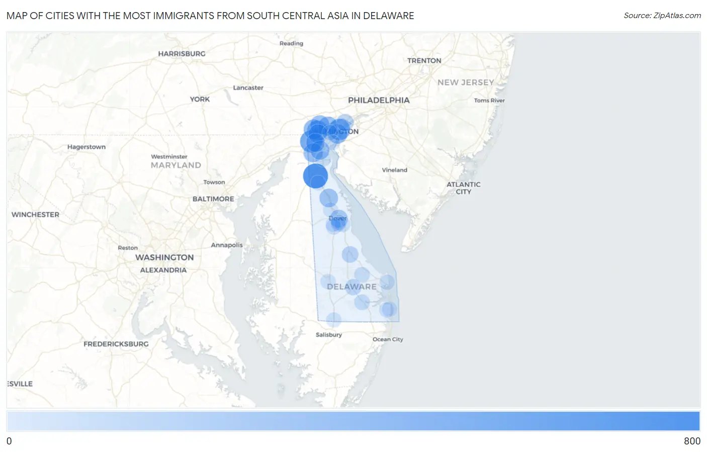 Cities with the Most Immigrants from South Central Asia in Delaware Map