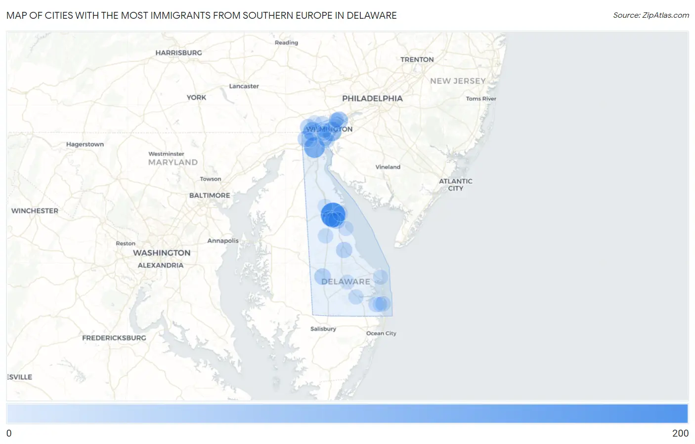 Cities with the Most Immigrants from Southern Europe in Delaware Map