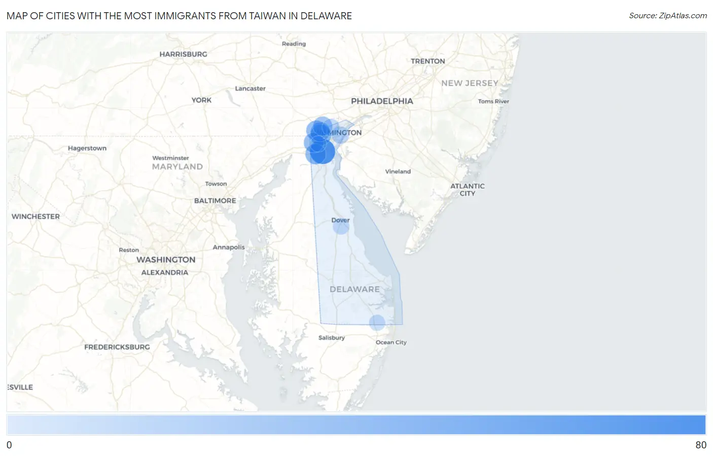 Cities with the Most Immigrants from Taiwan in Delaware Map