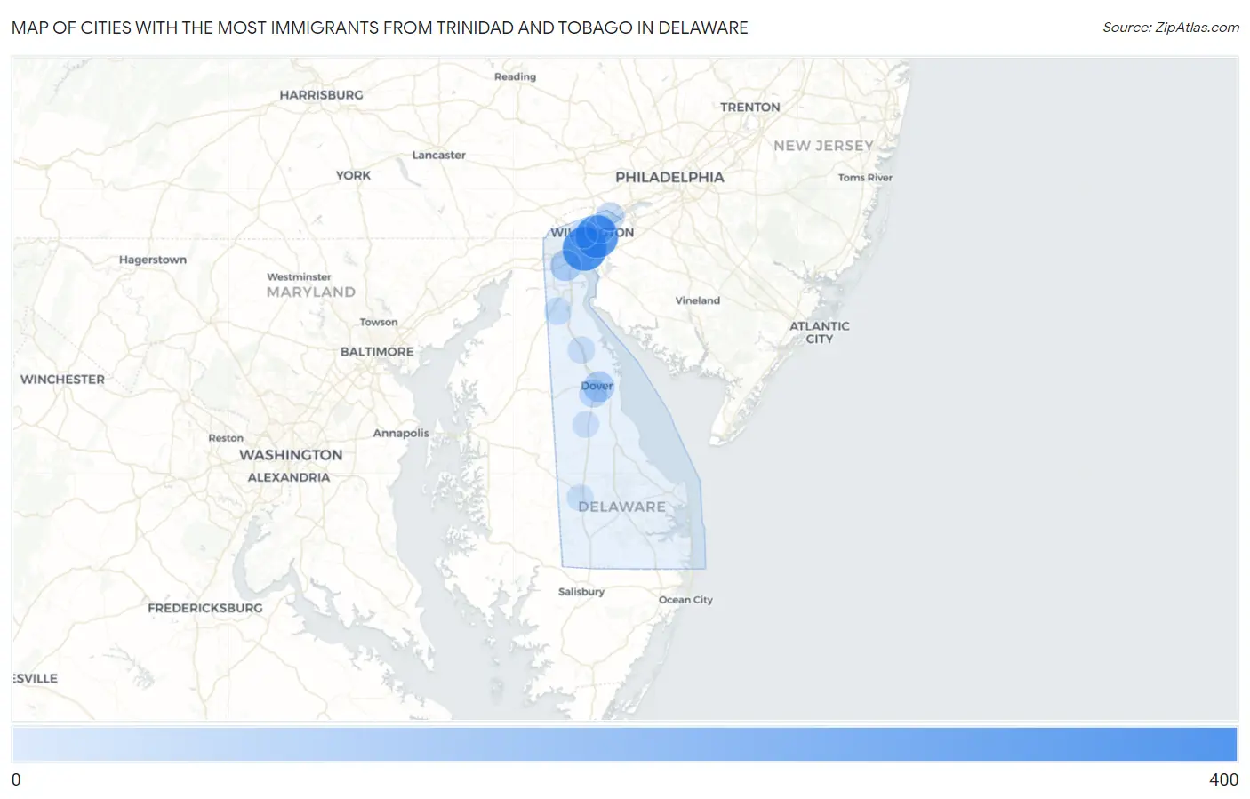 Cities with the Most Immigrants from Trinidad and Tobago in Delaware Map