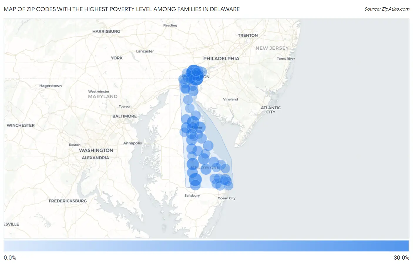 Zip Codes with the Highest Poverty Level Among Families in Delaware Map