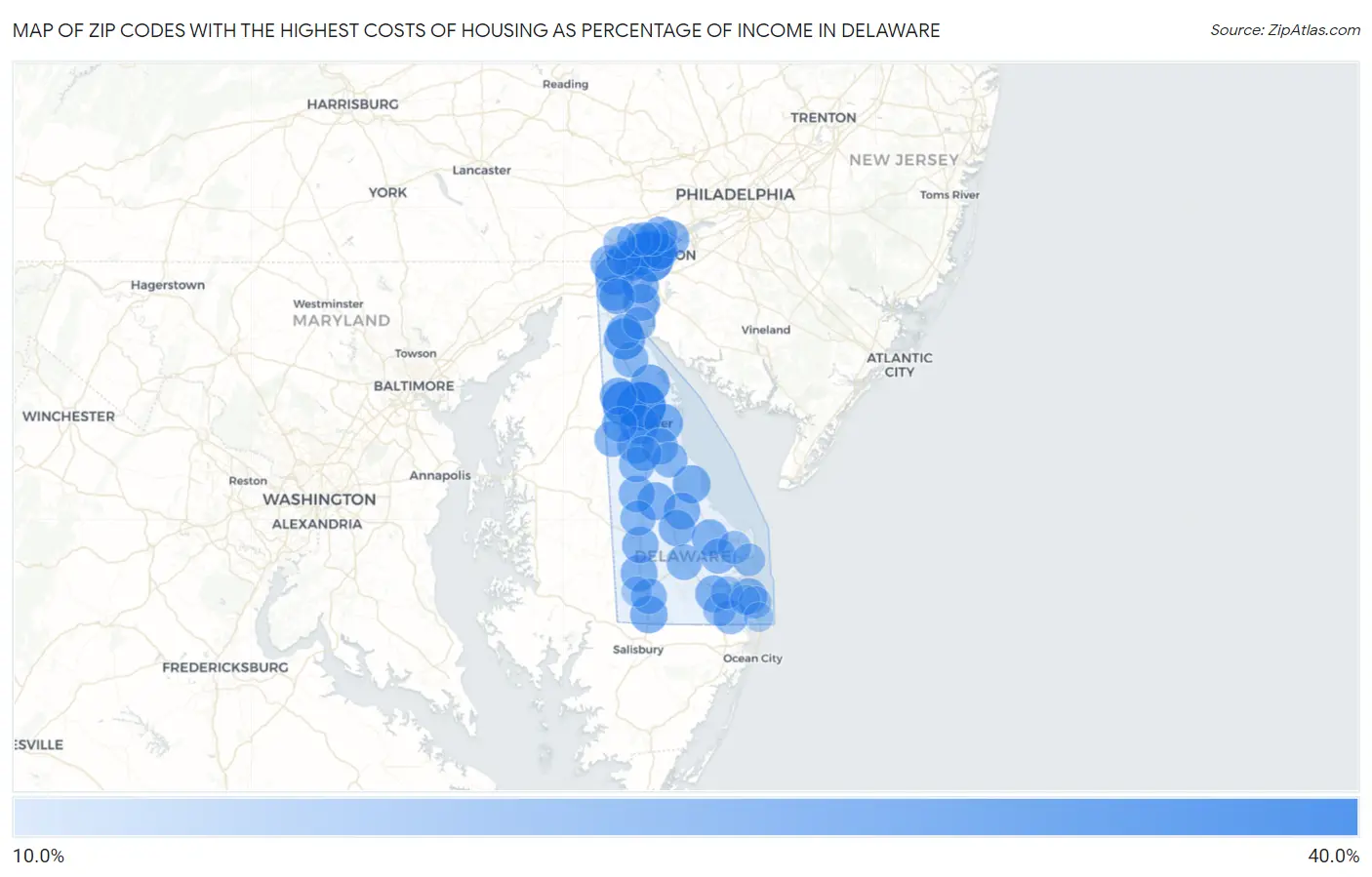 Zip Codes with the Highest Costs of Housing as Percentage of Income in Delaware Map