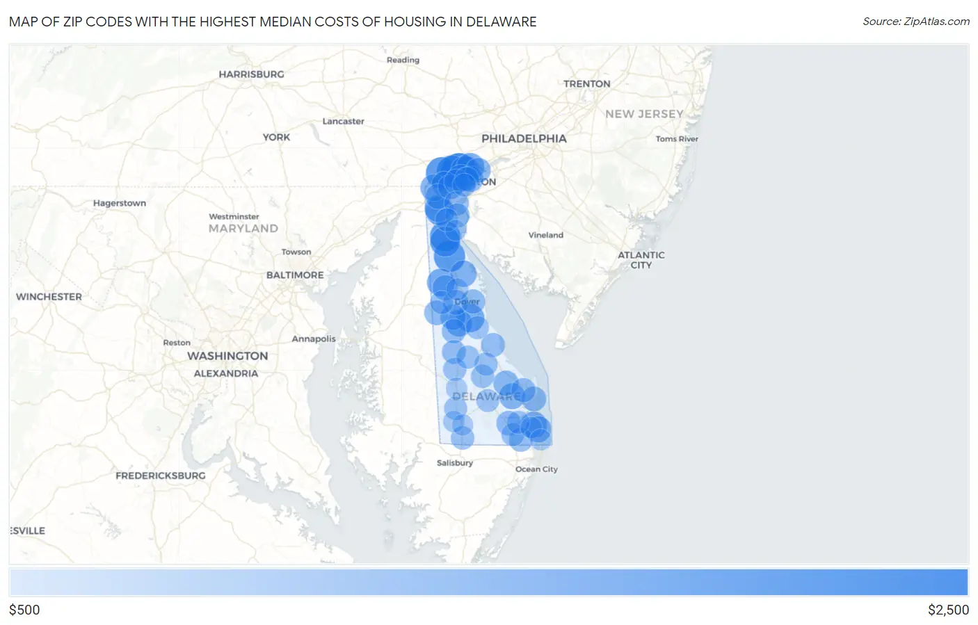 Zip Codes with the Highest Median Costs of Housing in Delaware Map