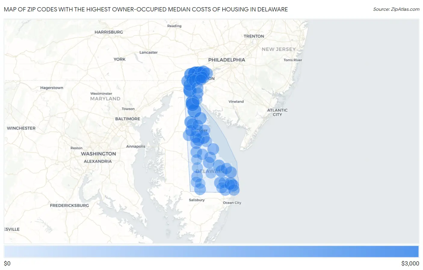 Zip Codes with the Highest Owner-Occupied Median Costs of Housing in Delaware Map