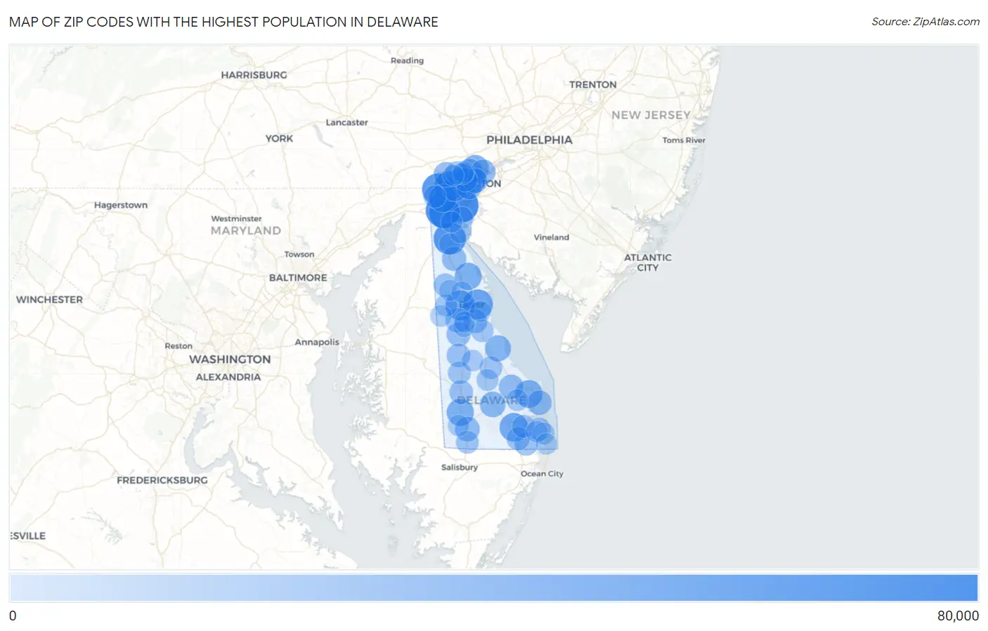 Zip Codes with the Highest Population in Delaware Map
