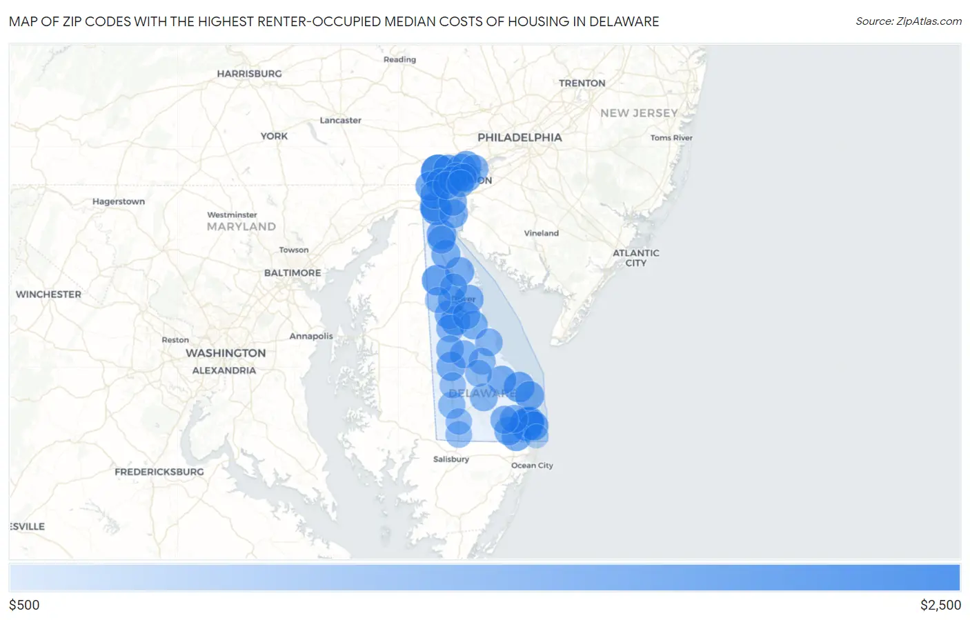 Zip Codes with the Highest Renter-Occupied Median Costs of Housing in Delaware Map