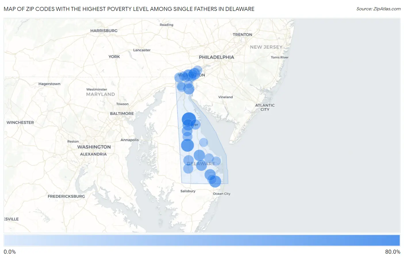 Zip Codes with the Highest Poverty Level Among Single Fathers in Delaware Map