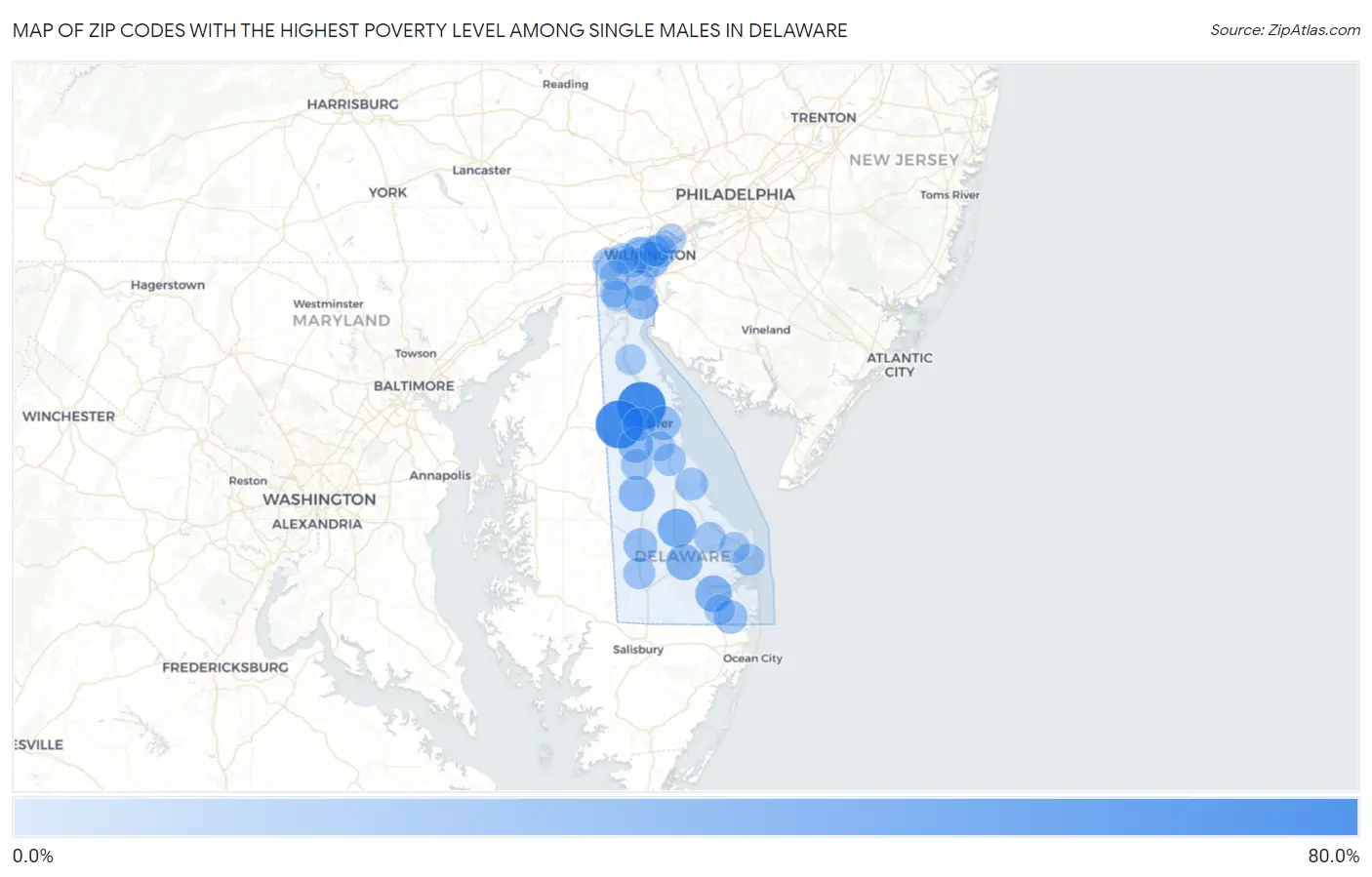 Zip Codes with the Highest Poverty Level Among Single Males in Delaware Map