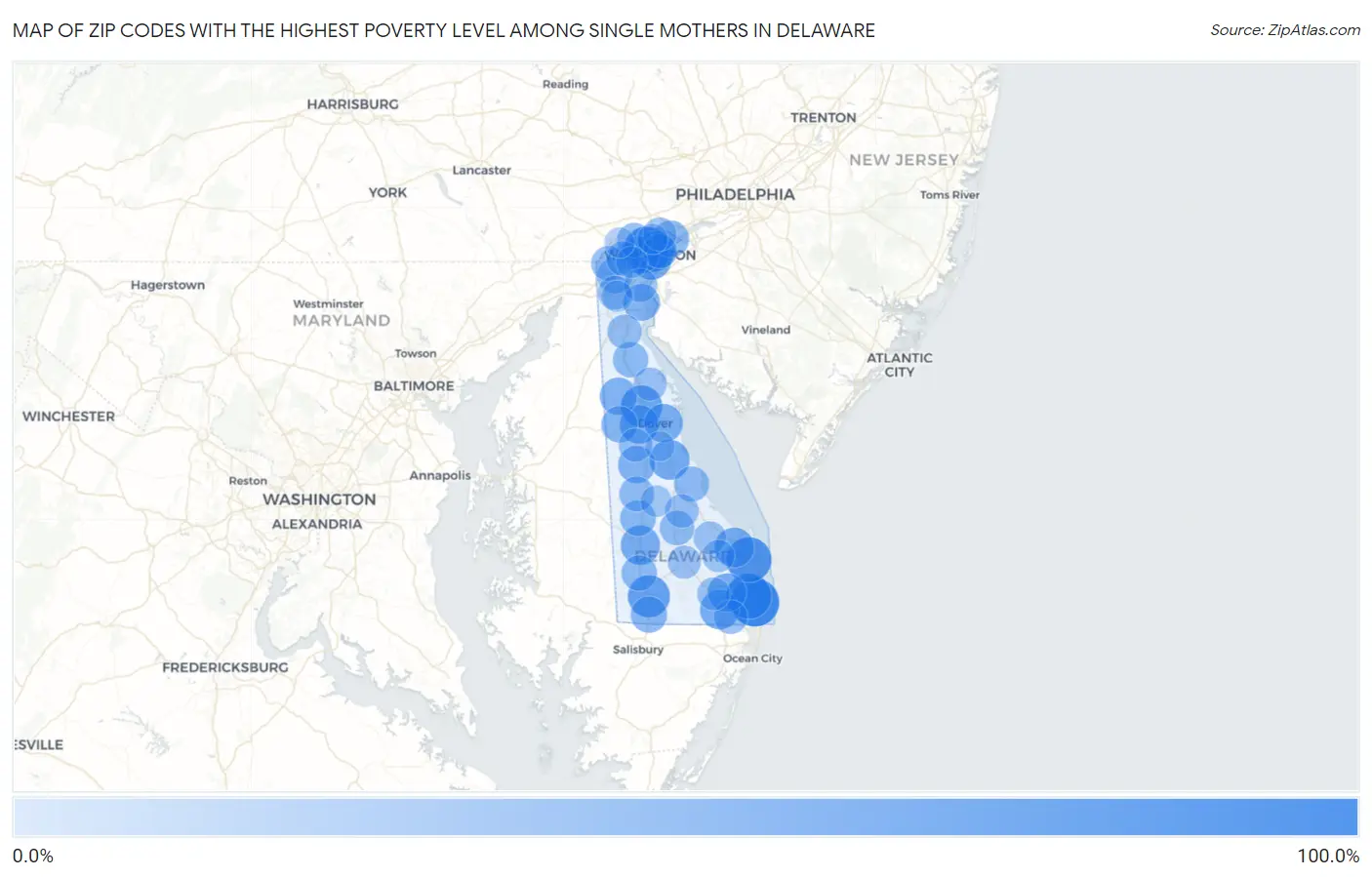 Zip Codes with the Highest Poverty Level Among Single Mothers in Delaware Map
