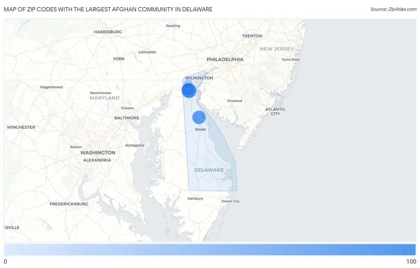 Zip Codes with the Largest Afghan Community in Delaware Map