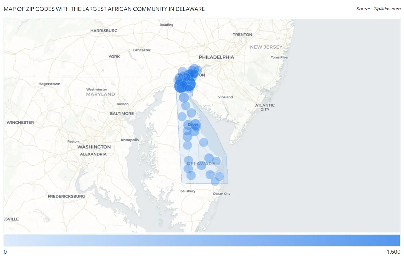 Zip Codes with the Largest African Community in Delaware Map