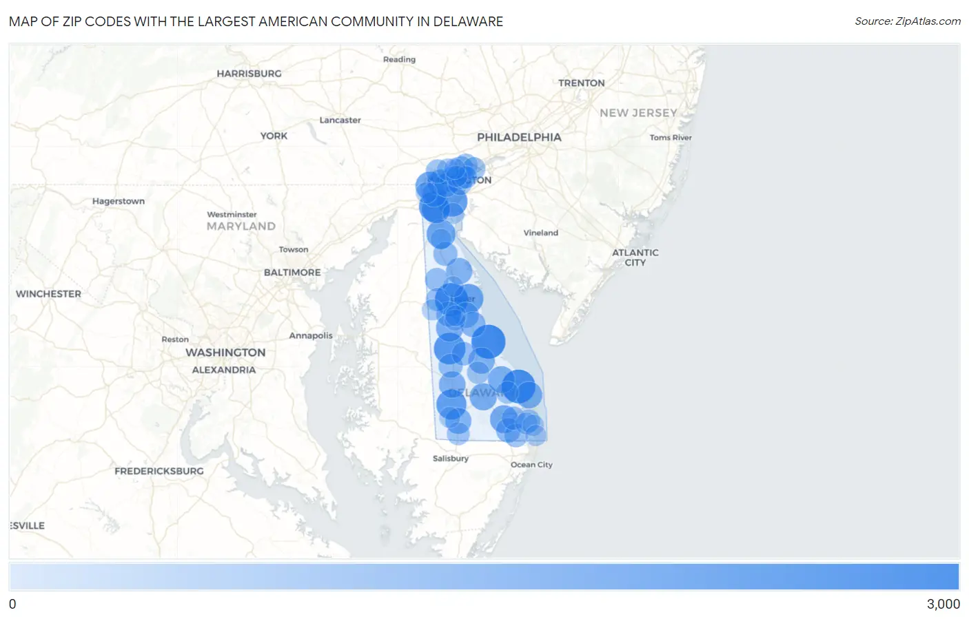 Zip Codes with the Largest American Community in Delaware Map