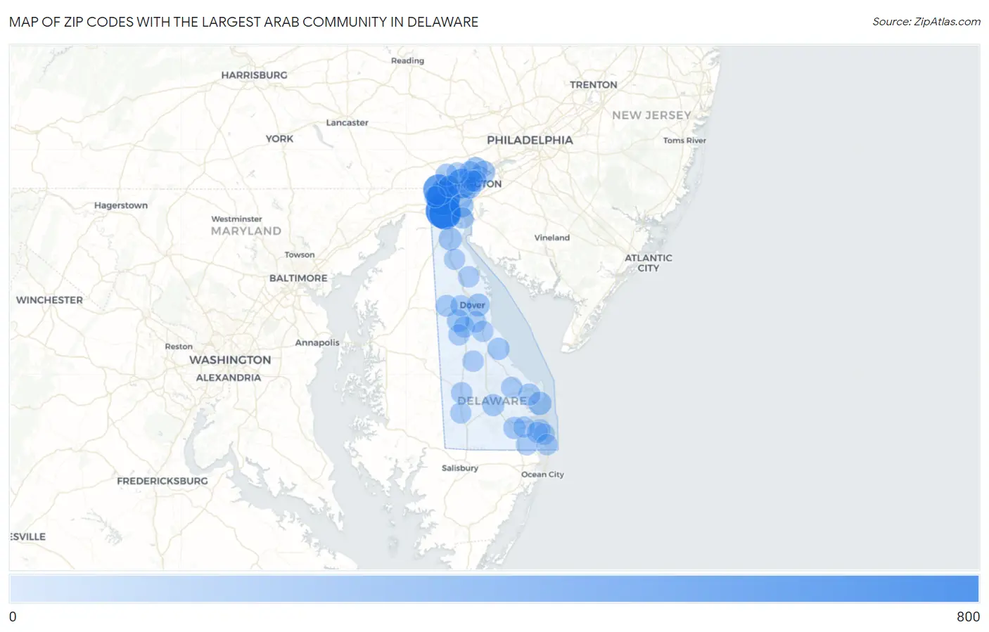Zip Codes with the Largest Arab Community in Delaware Map