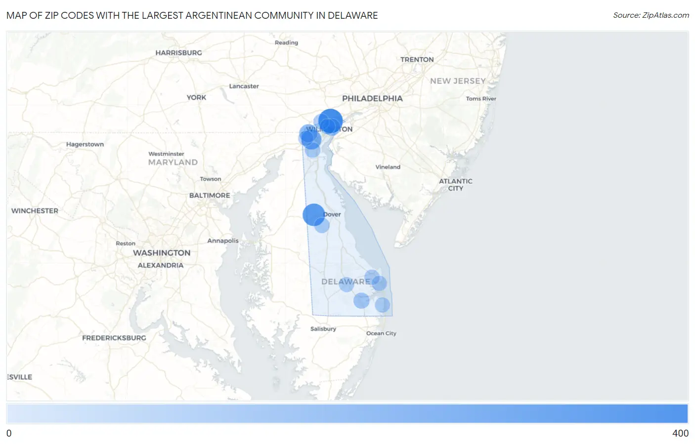 Zip Codes with the Largest Argentinean Community in Delaware Map