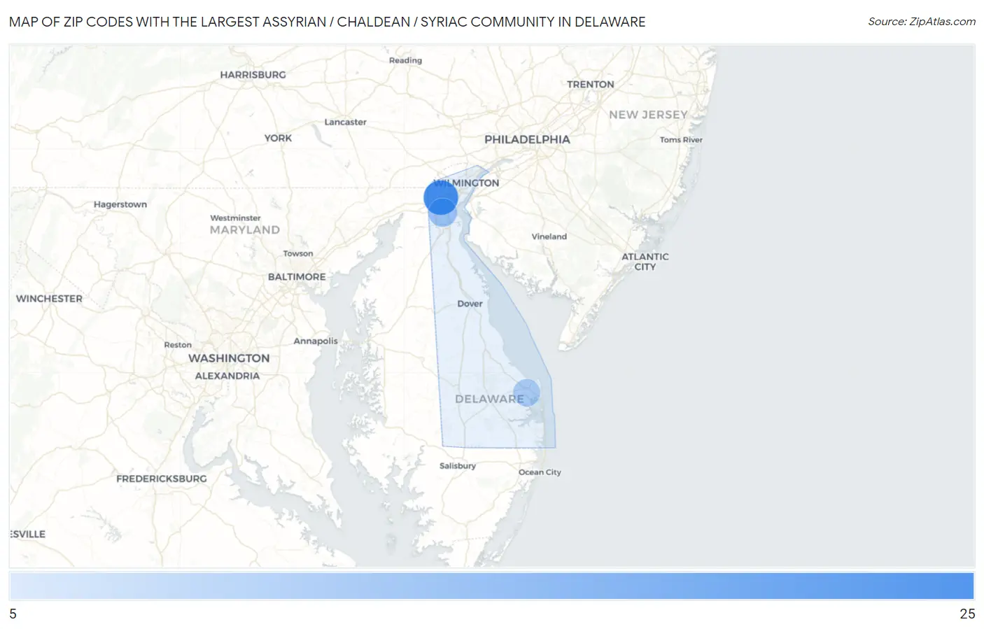 Zip Codes with the Largest Assyrian / Chaldean / Syriac Community in Delaware Map