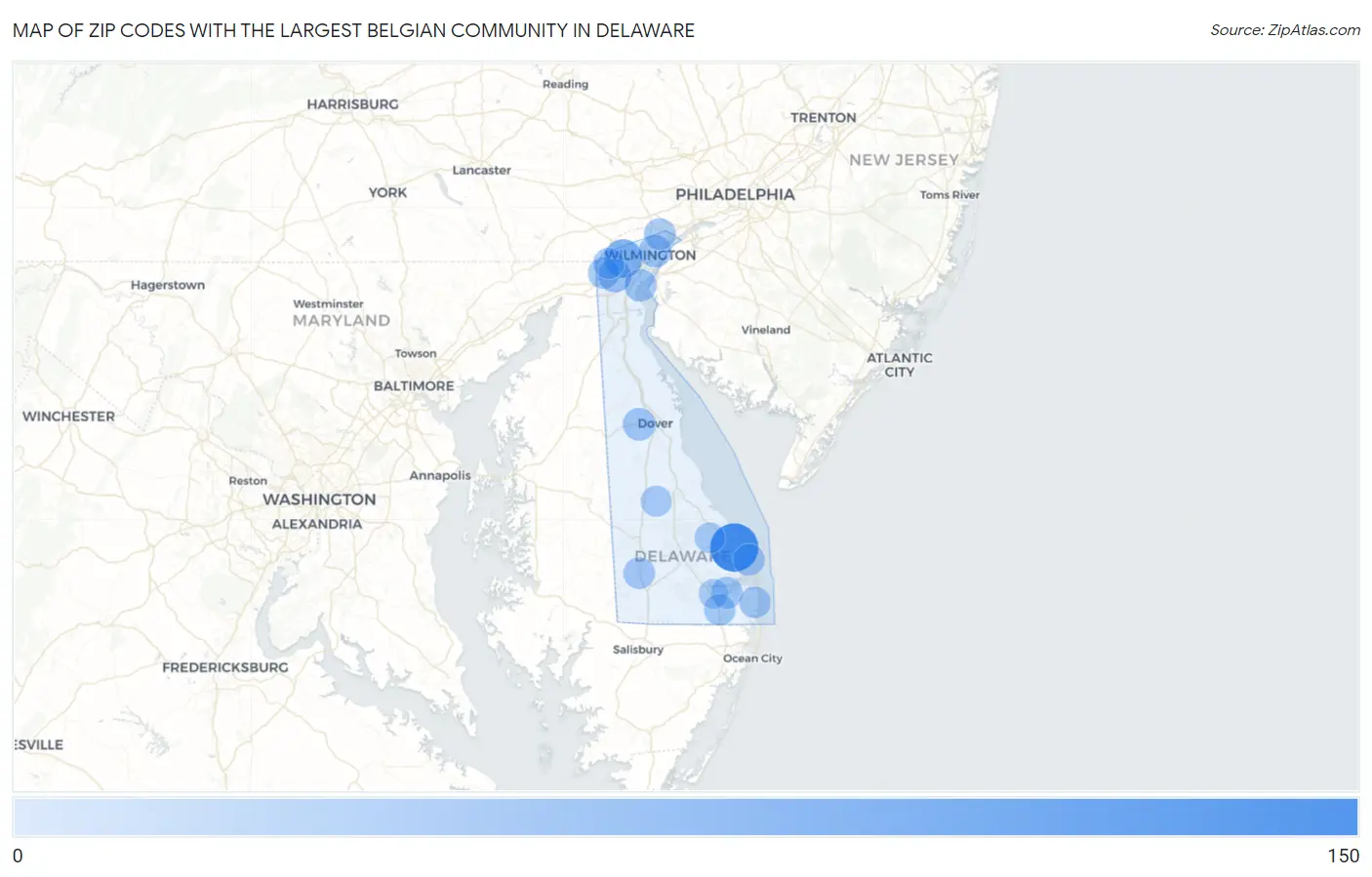 Zip Codes with the Largest Belgian Community in Delaware Map