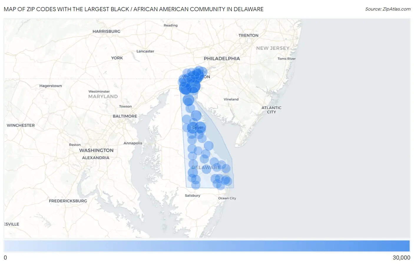 Zip Codes with the Largest Black / African American Community in Delaware Map