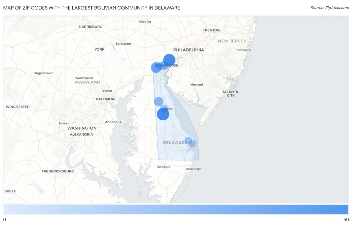 Zip Codes with the Largest Bolivian Community in Delaware Map