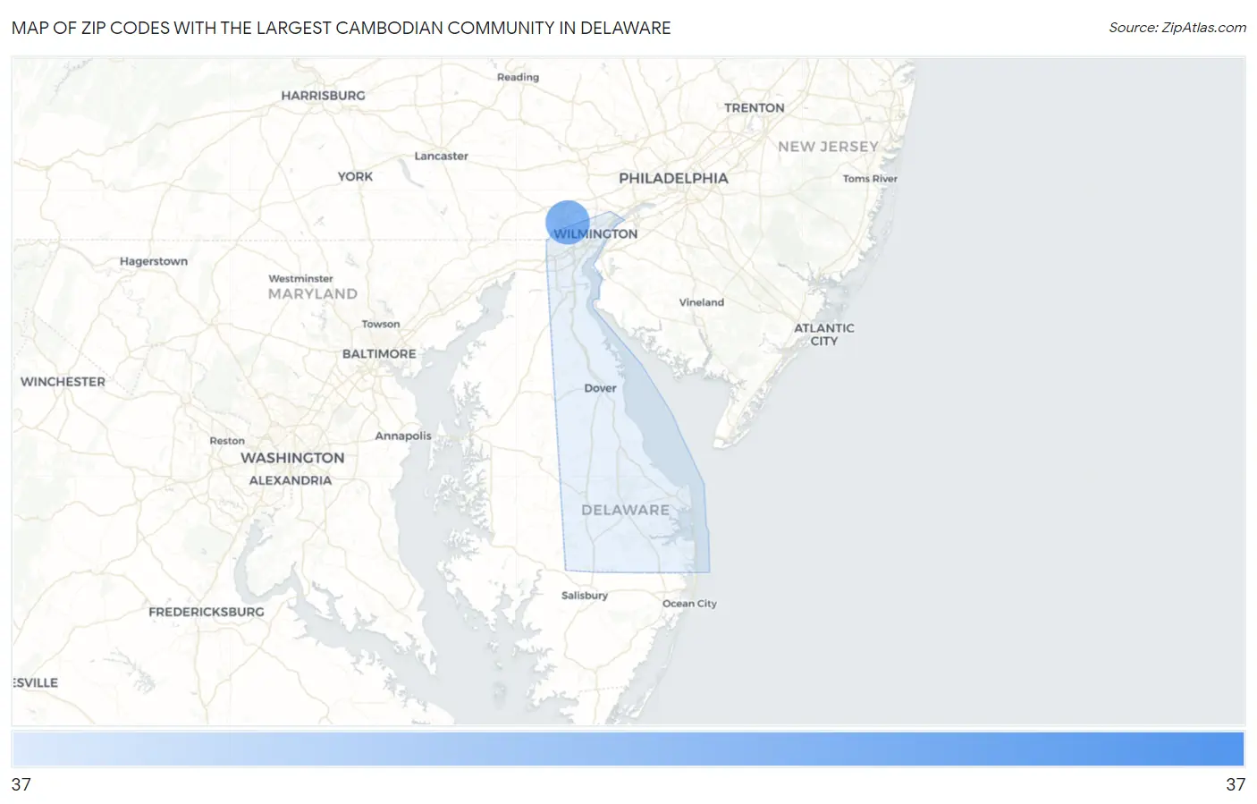 Zip Codes with the Largest Cambodian Community in Delaware Map