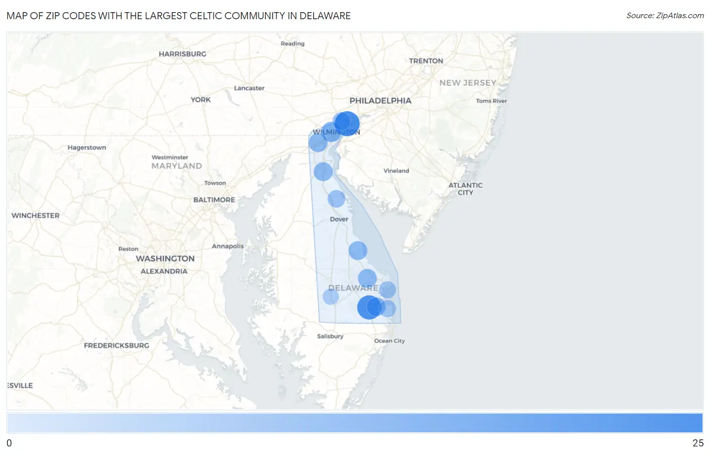 Zip Codes with the Largest Celtic Community in Delaware Map