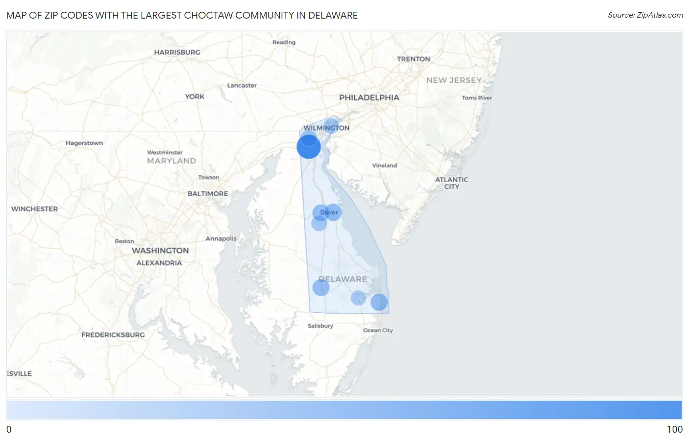 Zip Codes with the Largest Choctaw Community in Delaware Map